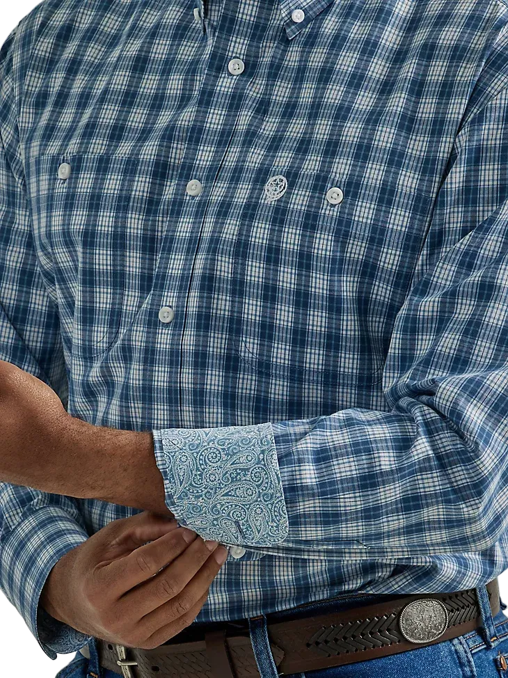 Wrangler Men's Steel Blue Madras George Strait Shirt